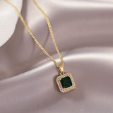 Green Zircon Geometric Square Pendant Short Necklace
