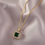 Green Zircon Geometric Square Pendant Short Necklace