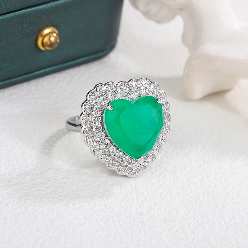 Green Palaiba Heart Zircon Ring Women's Engagement Bride Jewelry