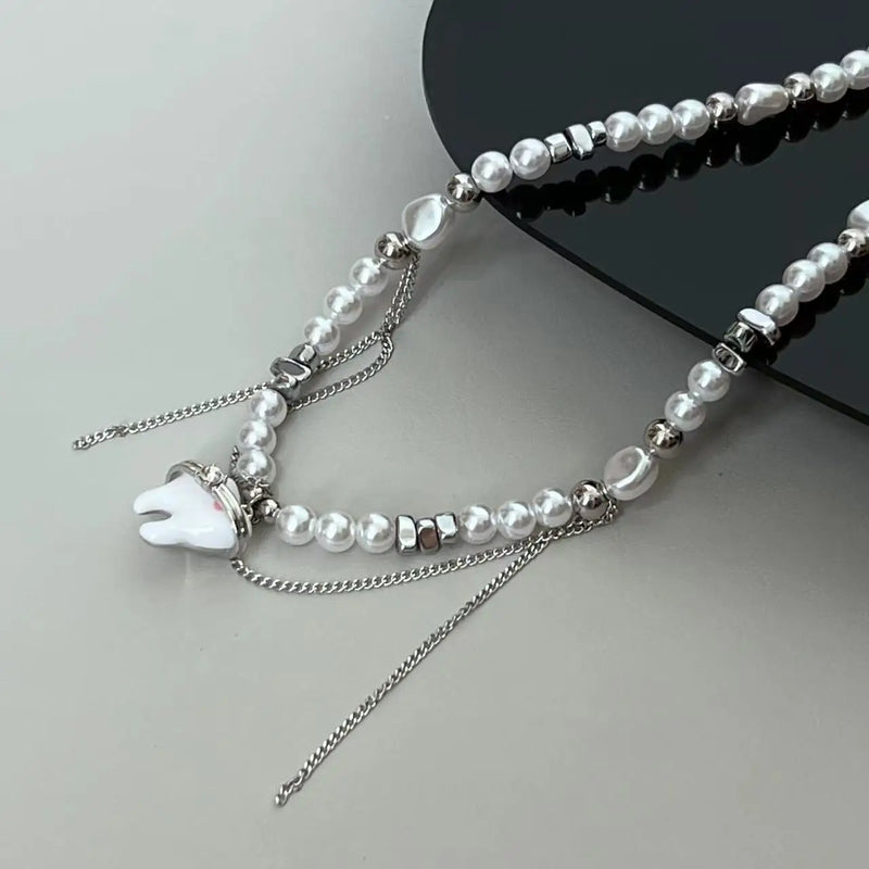 Pearl Tooth Pendant Punk Necklace for Woman