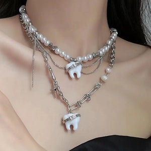Pearl Tooth Pendant Punk Necklace for Woman