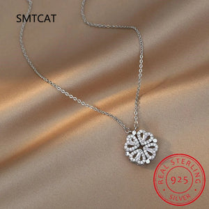 Love Heart 4 Leaf Clover Necklace 925 Silver Jewelry Zircon Lucky Grass Women