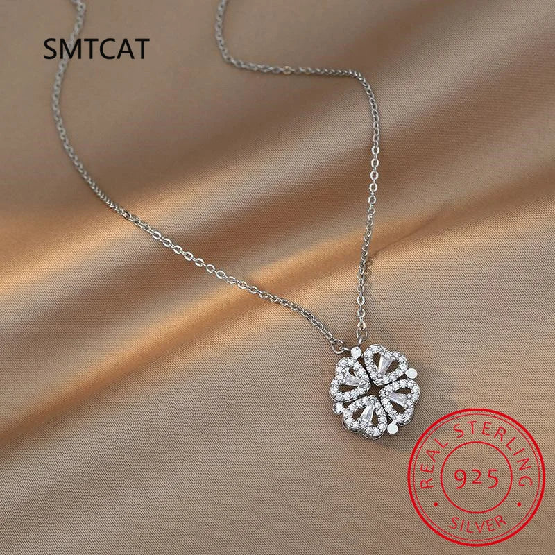 Love Heart 4 Leaf Clover Necklace 925 Silver Jewelry Zircon Lucky Grass Women