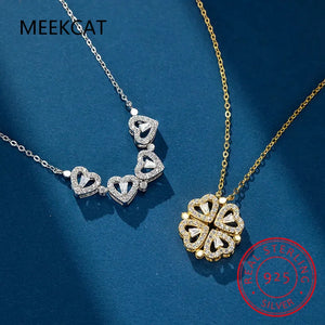 Love Heart Clover Necklace 925 Silver Zircon Jewelry Women