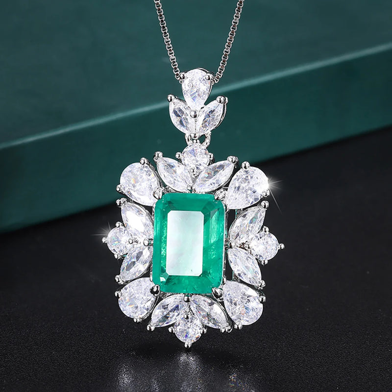 Aquamarine Emerald Pendant Necklace Lab Diamond Gemstone