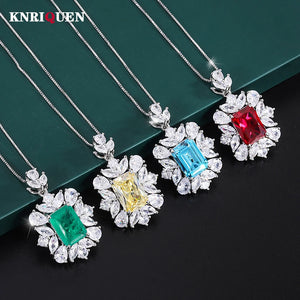 Aquamarine Emerald Pendant Necklace Lab Diamond Gemstone