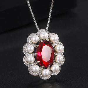 Ruby Aquamarine Pearl Pendant Necklace for Women Gemstone Party Jewelry