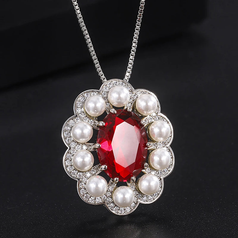 Ruby Aquamarine Pearl Pendant Necklace for Women Gemstone Party Jewelry