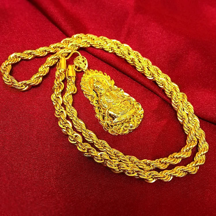 100% 14K Chain Copy Pure 24k Men's Safe Guanyin Hemp Rope Necklace