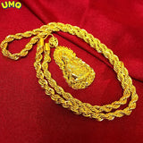 100% 14K Chain Copy Pure 24k Men's Safe Guanyin Hemp Rope Necklace