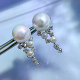 925 Silver Pearl Diamond Stud Earrings Wedding Cocktail Party Jewelry