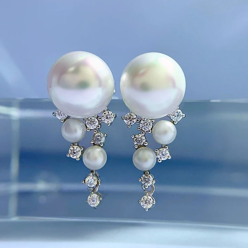 925 Silver Pearl Diamond Stud Earrings Wedding Cocktail Party Jewelry