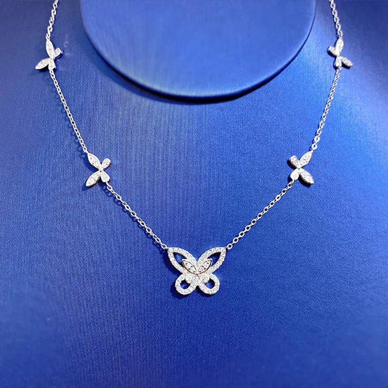 925 Silver Diamond Butterfly Chain Necklace Women Cocktail Party Jewelry