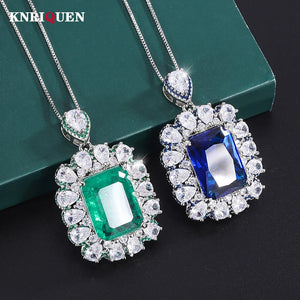 Emerald Sapphire Pendant Necklace Lab Diamond Gemstone Fine Jewelry