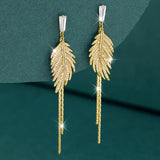 14K Gold Plated Leaf Tassel Stud Earrings for Women