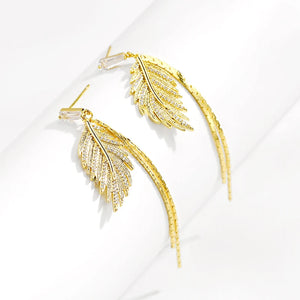 14K Gold Plated Leaf Tassel Stud Earrings for Women