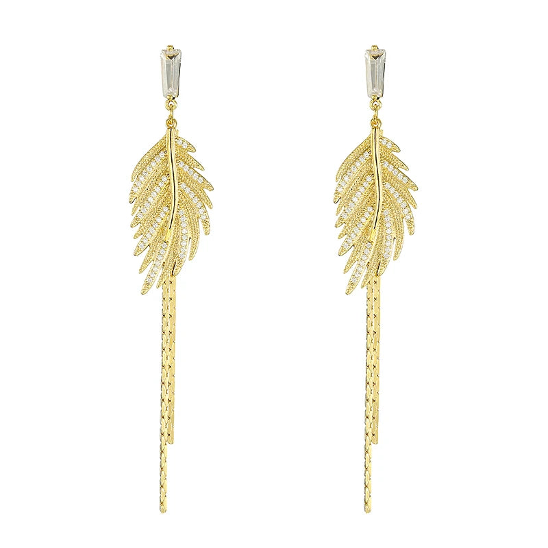 14K Gold Plated Leaf Tassel Stud Earrings for Women