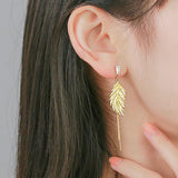 14K Gold Plated Leaf Tassel Stud Earrings for Women
