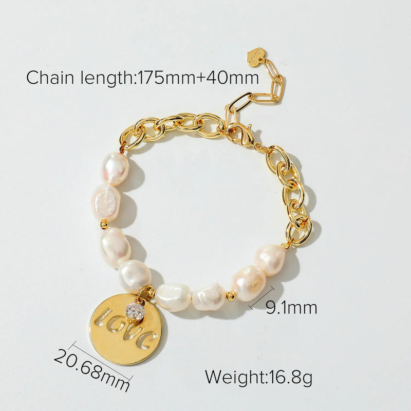 14K Plated Love Pendant Bracelet Half Pearl Half Zircon Jewelry