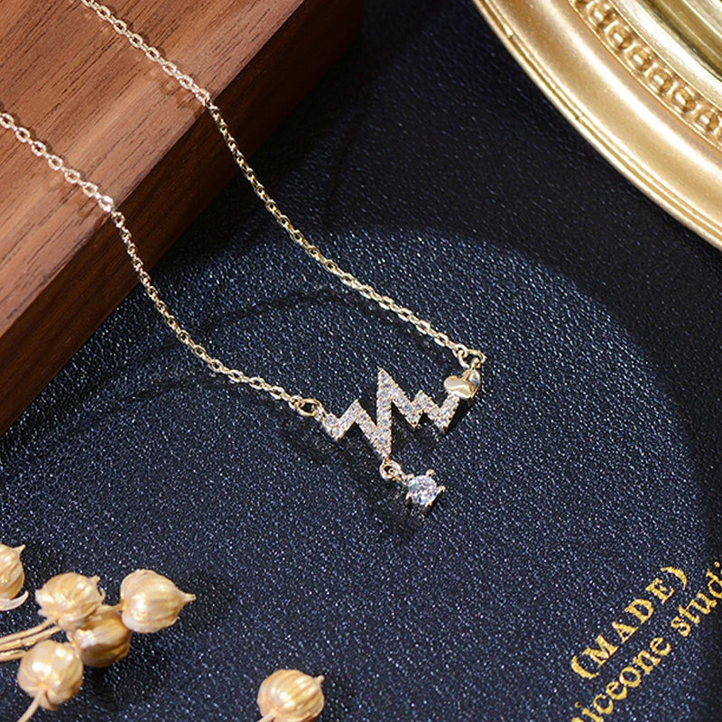 14k Real Charm Wave Heartbeat Necklace for Lady Micro Inlaid Zircon