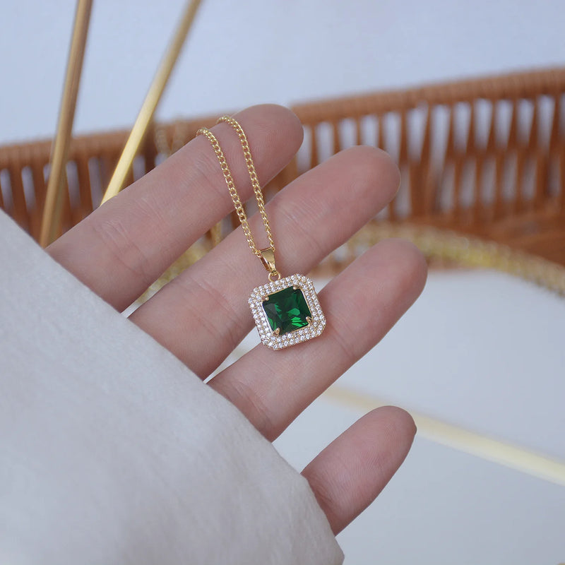 14k Square Necklace Emerald Zircon High End Banquet Party Jewelry Pendant