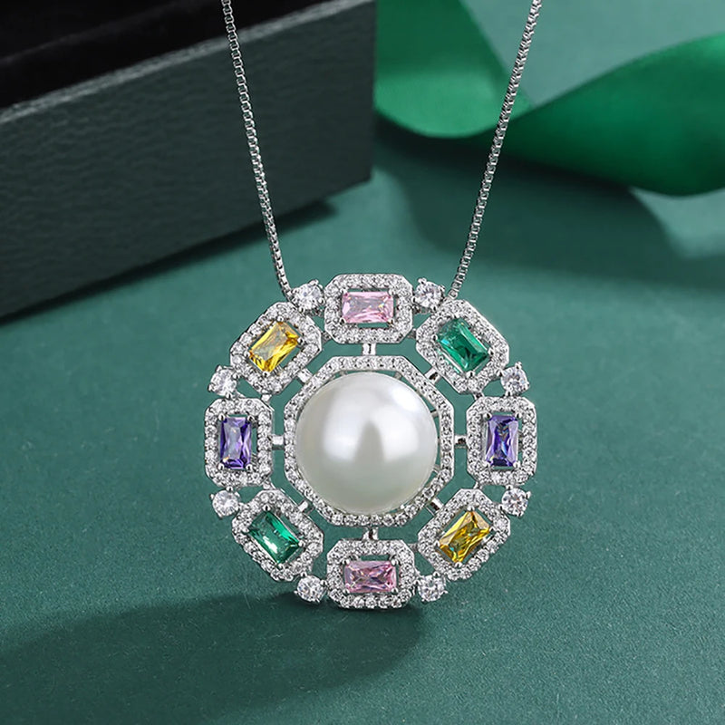 14mm Big Pearl Gemstone Pendant Necklace for Women High Carbon Diamonds