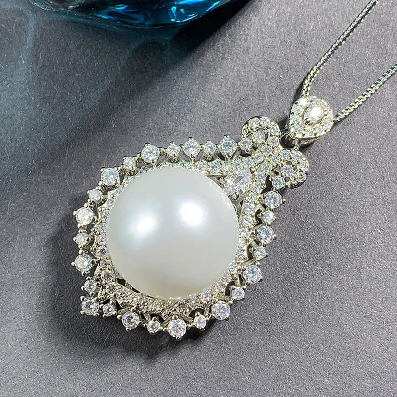 16mm Big Pearl Gemstone Pendant Necklace with High Carbon Diamonds