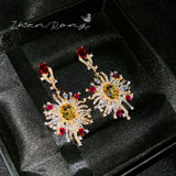 18K Sunflower Drop Earrings with Bling Yellow Zircon