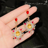 18K Sunflower Drop Earrings with Bling Yellow Zircon