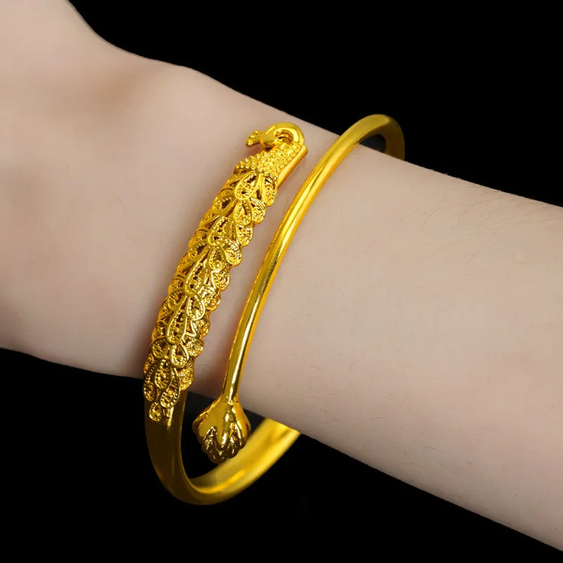 Vintage Embossed Peacock Bracelet - 24k Gold Plated