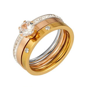 3-in-1 Stainless Steel CZ Crystal Rhinestone Ring Set for Women Bride