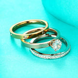 3-in-1 Stainless Steel CZ Crystal Rhinestone Ring Set for Women Bride
