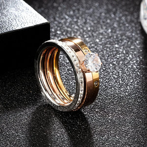 3-in-1 Stainless Steel CZ Crystal Rhinestone Ring Set for Women Bride