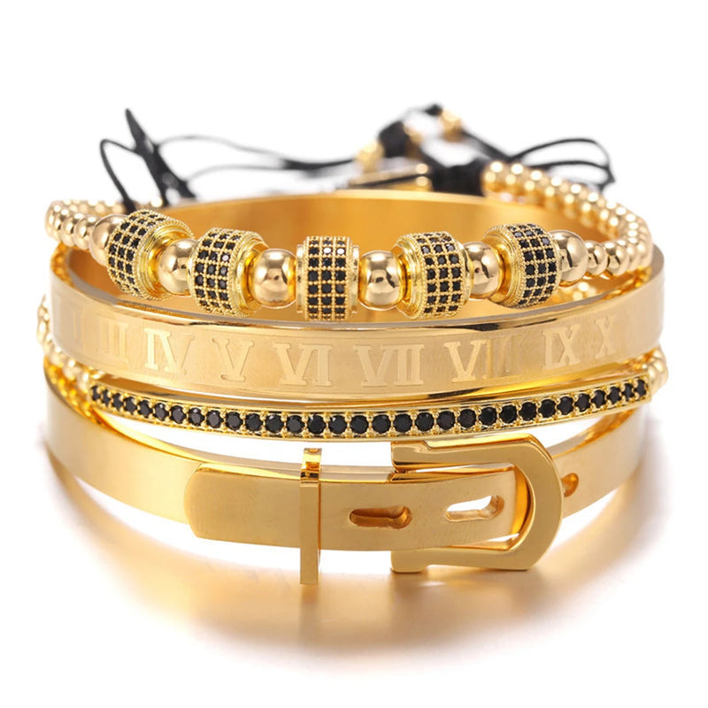 4 Pcs/Set Beaded Bracelets Roman Numeral Steel Bangles Men Jewelry
