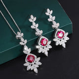 Ruby Gemstone Pendant Necklace Earrings Set Lab Diamond Wedding Jewelry