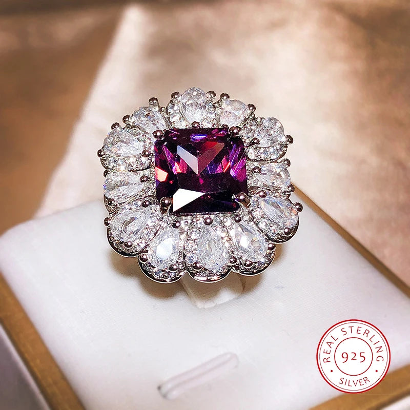 925 Silver Purple Zircon Water Drop Diamond Ring