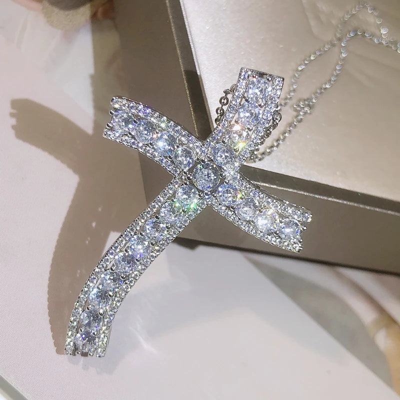 925 Silver Cross Pendant Statement Necklace With AAAA+ Zircon