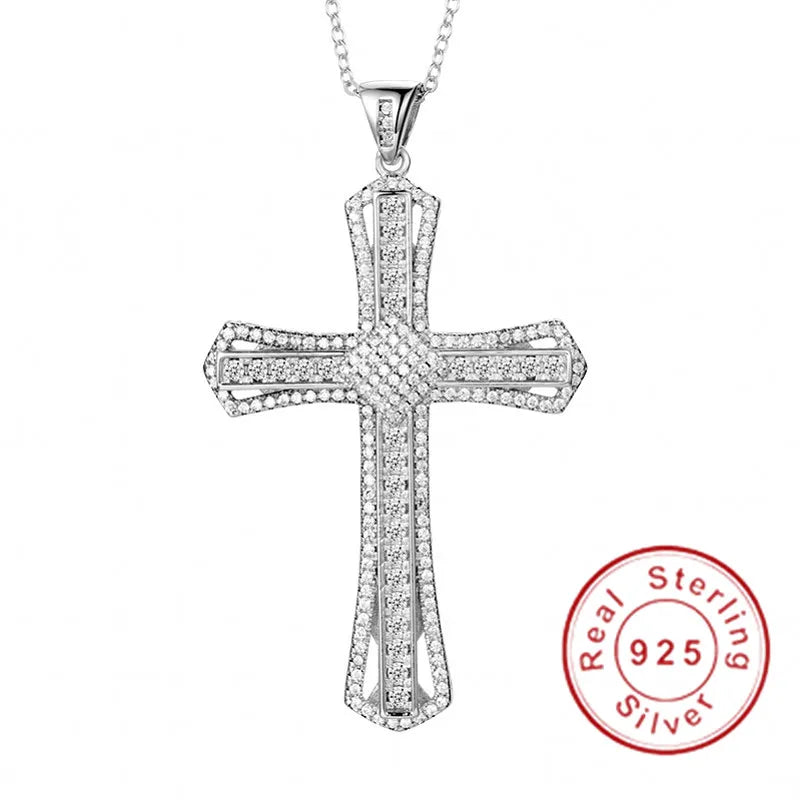925 Silver Jesus Cross Pendant Necklace with Simulated Diamond