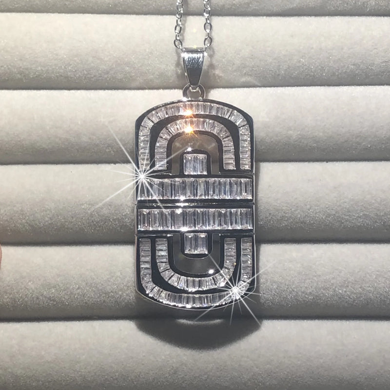 925 Silver Pendant Necklace Square Simulated Diamond Platinum Cocktail Jewelry