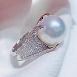 925 Silver Pearl Ring Zircon Wedding Party Accessories Gift Jewelry