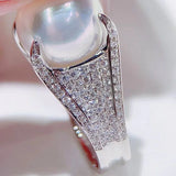 925 Silver Pearl Ring Zircon Wedding Party Accessories Gift Jewelry