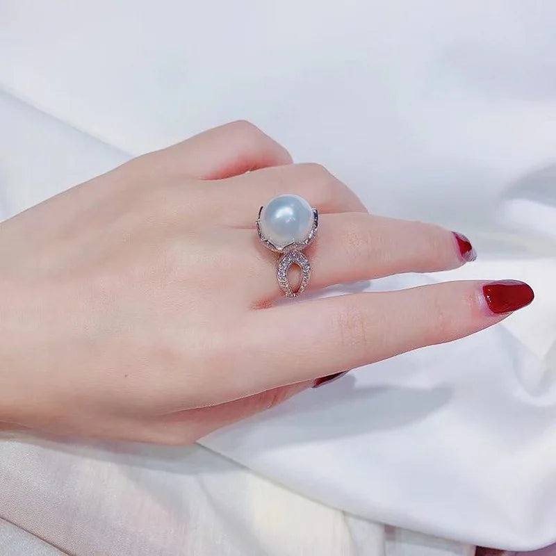 925 Silver Freshwater Pearl Rings Women CZ Silver Temperament Female