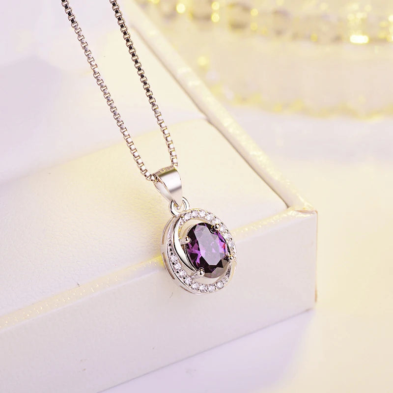925 Silver Necklace Oval Sapphire Zircon Pendant for Women