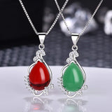 925 Silver Necklace with Created Red Zircon Water Drop Pendant