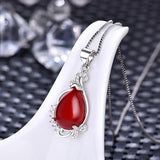 925 Silver Necklace with Created Red Zircon Water Drop Pendant