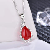 925 Silver Necklace with Created Red Zircon Water Drop Pendant