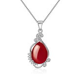 925 Silver Necklace with Created Red Zircon Water Drop Pendant
