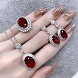 925 Silver Red Zircon Set Necklace Earrings Ring Women's Jewelry