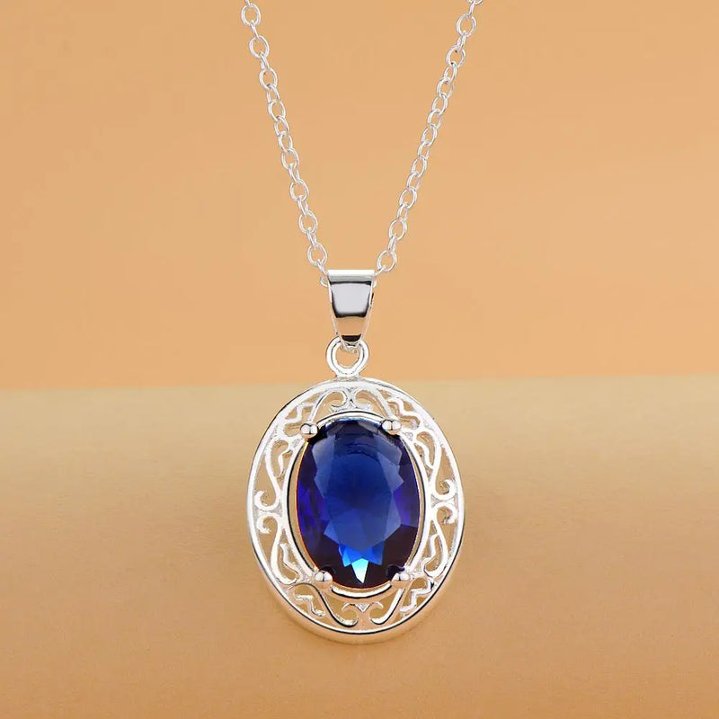 925 Silver Crystal Oval Pendant Necklace For Women