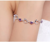 925 Sterling Silver Purple Love Heart Zircon Crystal Flower Bracelet